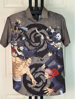 Jujutsu Kaisen Loungefly Camp Shirt Medium Brown Anime Sublimation Button-Up